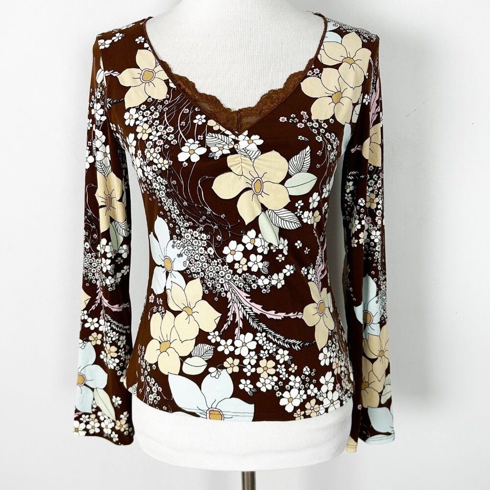 Y2K Women’s Mod Floral Brown‎ Flare Sleeve Hippie Boho Size Large